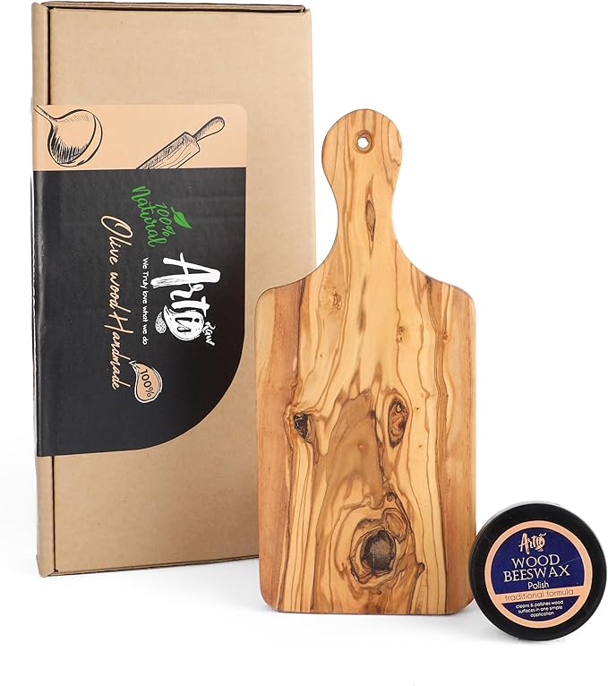 Olive Wood Cutting Board - 27cm (10.6") Handmade Chopping Board with Hanging Hole - Durable Mediterranean Kitchen Board for Cutting, Slicing, and Serving - Rustic Design with Beeswax Finish