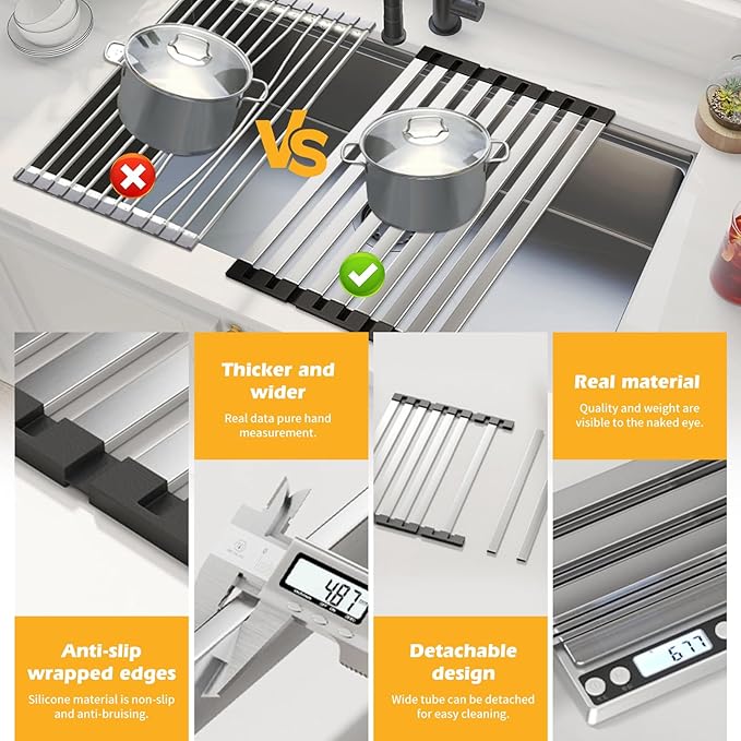 17.7"*12.8" Foldable Dish Drying Rack Thickened & Widened Over Sink Dish Drying Rack High-Temperature Resistant Removable Sink Storage Rack 304 Stainless Steel Drainer for Kitchen and Rv sink