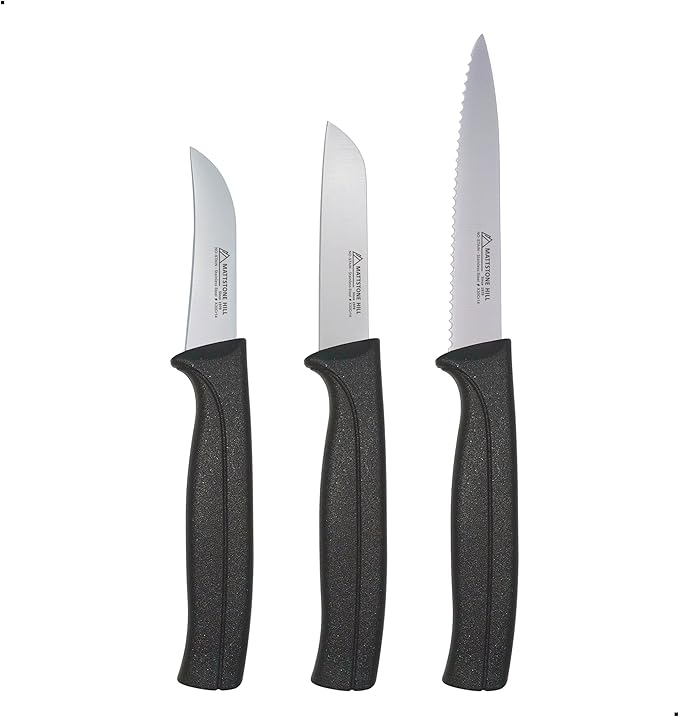 Paring Knife Set, MATTSTONE HILL Kitchen Knife Set - 4" Serrated Utility, 3" Fruit and Vegetable Knife, 2.5" Peeling Knife, Premium Stainless Steel, Semi Soft Handle, Black