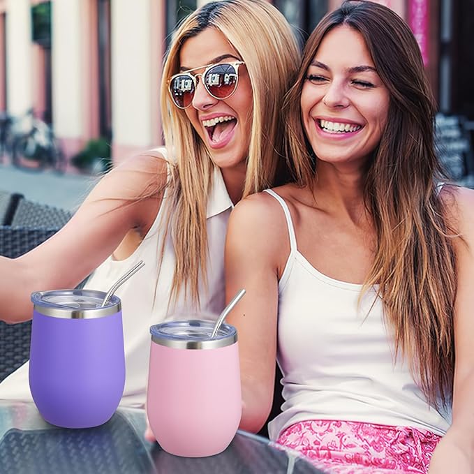 COMOOO Stainless Steel Wine Tumbler with Lid and Straw 12oz Double Wall Vacuum Insulated Travel Tumbler Cup Stemless for Hot and Cold Drinks, Coffee, Wine, Cocktails, Purple