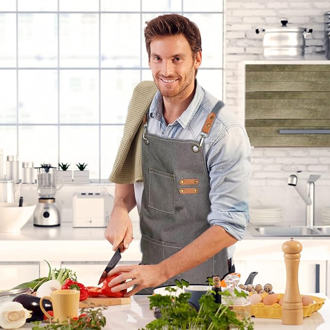 ZOMAO Chef Apron, Apron for Men Women with Adjustable Straps Cotton Canvas Cross Back Adjustable Apron with Pockets for Women and Men(Grey)