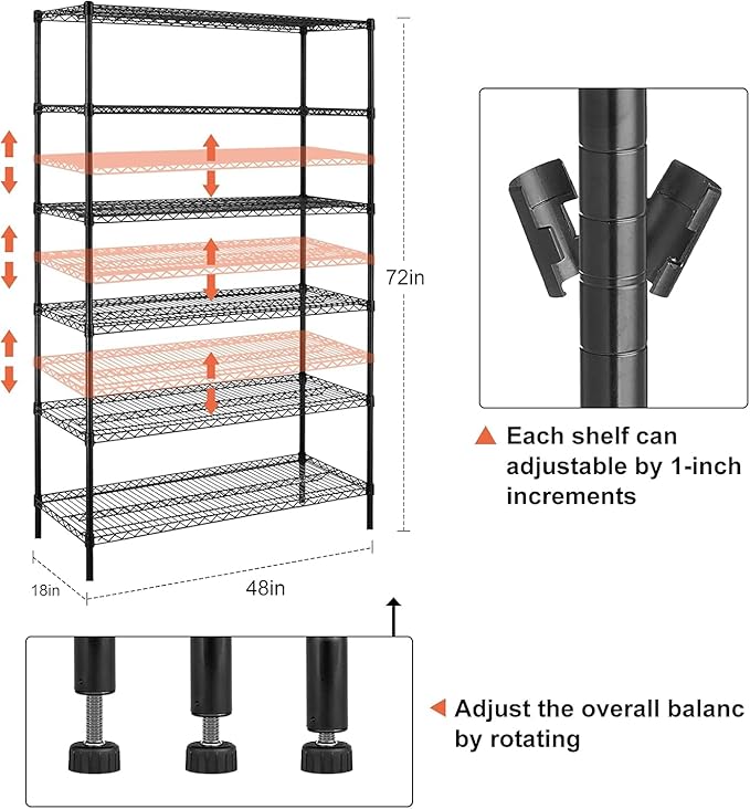 6-Shelf Storage Shelves Wire Shelving Unit with Wheels, 6000lbs Heavy Duty Metal Garage Shelving Storage Rack Adjustable NSF Shelf for Commercial Rolling Utility，(48"x18"x76", Black)