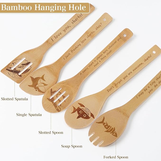 5PCS Shark Wooden Cooking Spoons Kitchen Decor Shark Gifts for Women Men Shark Lovers Birthday Gifts Party Favors Housewarming Wedding Bamboo Cooking Spoons for Everyday Use