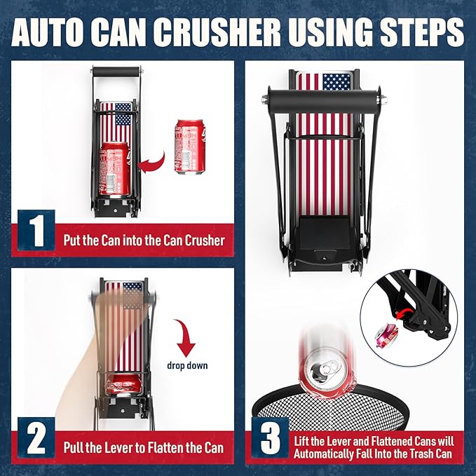 Mckay 16 Oz. and 12 Oz. Metal Can Crusher Auto Recycling, Heavy-Duty Can Crusher Wall Mounted, Can Smasher for Aluminum Seltzer, Soda, Beer Cans and Bottles for Recycling (Auto) Flag