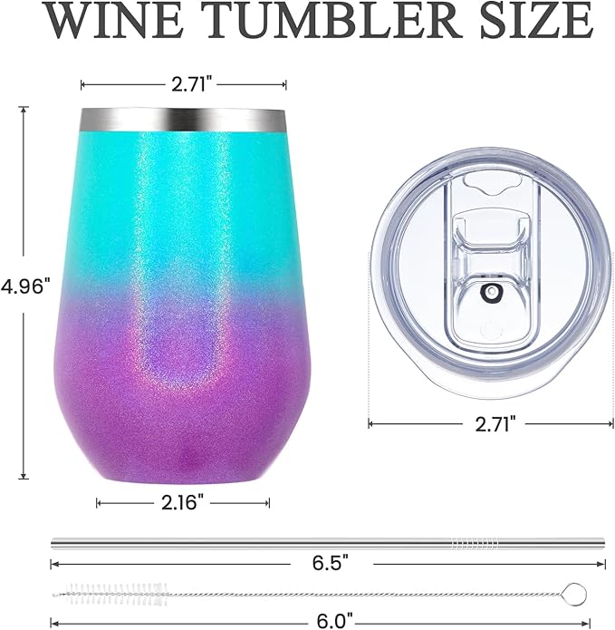 MEWAY Stainless Steel Wine Tumbler with Lid and Straw 12oz - Stemless Insulated Wine Cup Glass for Coffee,Cocktails,Champagne, and Office Use, Ideal for Parties and Gifts(Glitter Aurora,Set of 8)