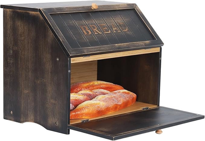 HOMEKOKO Double Layer Large Bread Box for Kitchen Counter, Retro Design Wooden Large Capacity Bread Storage Bin (Vintage Black)