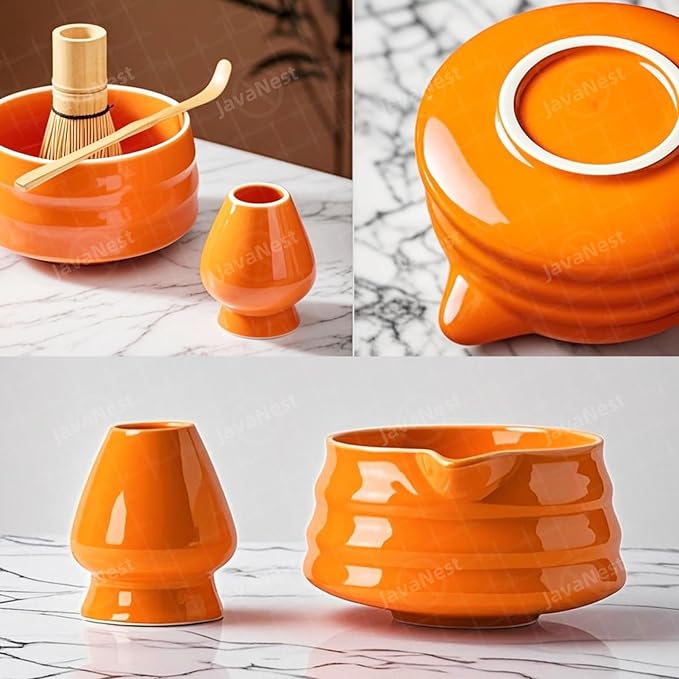 Matcha Bowl with Pour Spout & Whisk Holder, Traditional Japanese Ceramic Chawan Tea Set, Thick Non-Slip Matcha Mixing Bowl for Whisking & Pouring, Tea Ceremony Gift (Orange)