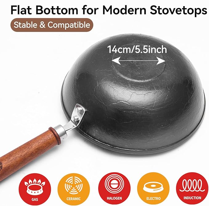 WANGYUANJI 9.5 Inch Cast Iron Wok with Glass Lid – Small Flat Bottom Stir Fry Pan with Wooden Handle, Non-Coated Cookware for Gas & Open Flame