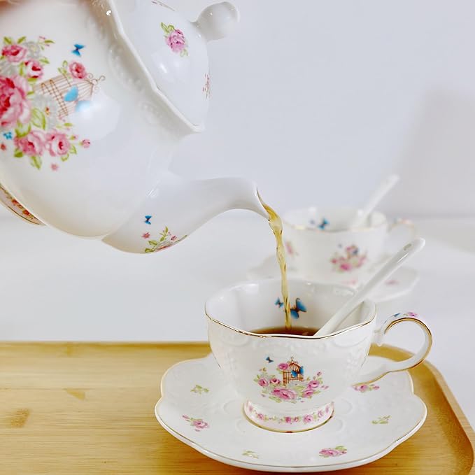 YBK Tech Strengthen Porcelain Coffee Pot Ceramic Teapot- Pink Rose (Teapot+ 2 sets of cup and saucer)