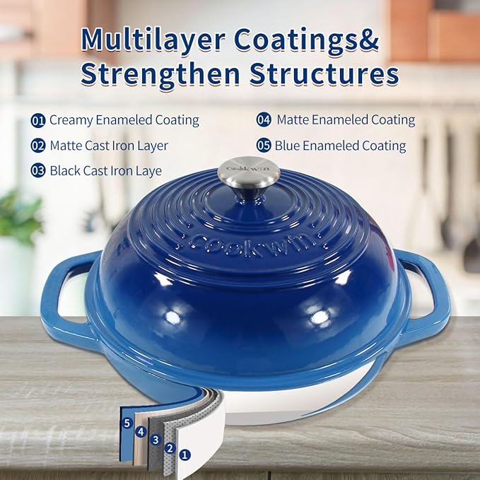 Enameled Cast Iron Dutch Oven with Lid, 11" Dutch Oven Bread Baking Kit, 6 Quart Blue Thick Enamel Bread Pan, Silicone Baking Mat - Family Gifts