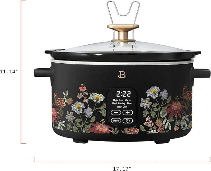 Beautiful 6 Qt Programmable Slow Cooker with Touch Control, Digital Timer and Keep Warm Function – Large Electric pot Capacity Kitchen Appliance by Drew-Barrymore (Wildflower Black)