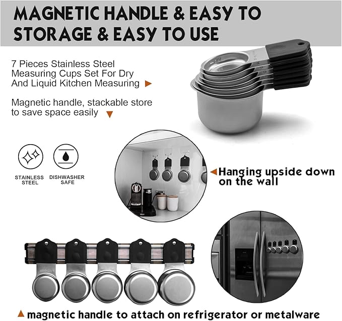 Magnetic Measuring Cups Set, 7 Pieces 18/8 Stainless Steel Stackable Nesting Heavy Duty Metal Measure Cups, Silicone Handle kitchen Tools for Dry and Liquid Ingredients, Dishwasher Safe (Black）