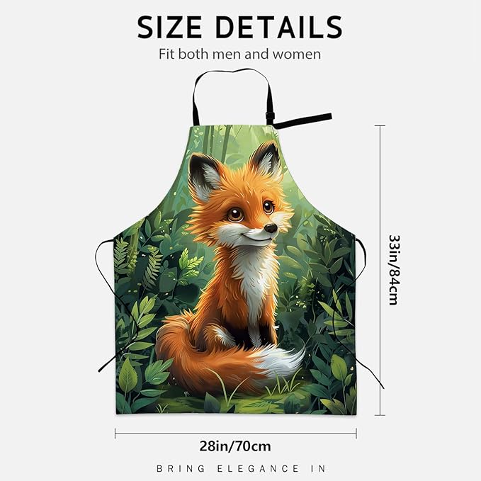 Cute Cartoon Fox Apron for Women Men, Cooking BBQ Chef Polyester Lightweight Lush Forest Background Aprons with Pockets for Baking Kitchen Gardening Cleaning, Adjustable Neck Strap, 28×33inch