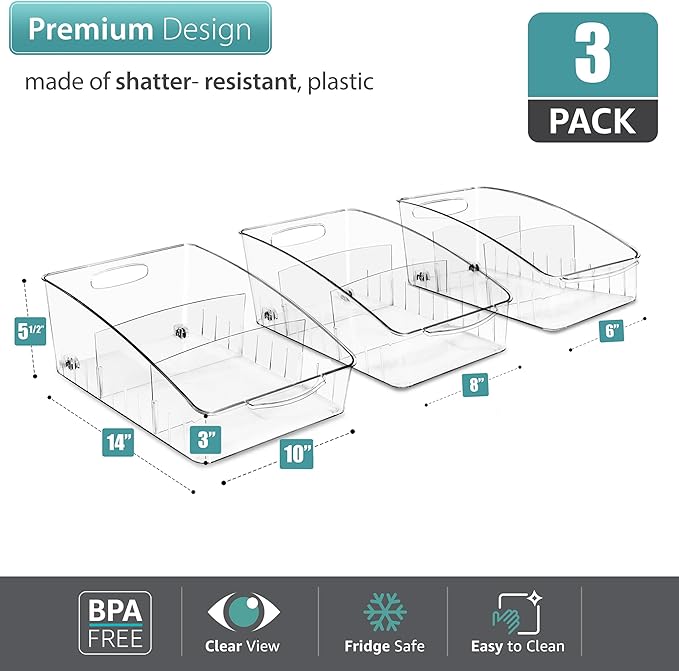 Sorbus Fridge Organizer on Wheels - Rolling Fridge Organizers and Storage Clear Design with Dividers & Handles for Kitchen Organization and Storage - Refrigerator Organizer Bins & Pantry Storage Bins