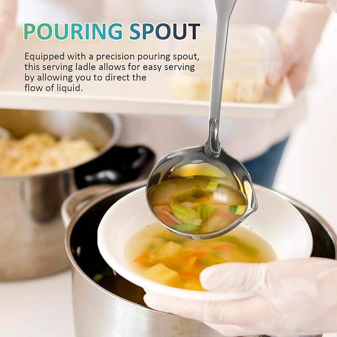 Stainless Steel Soup Ladle with Long Handle and Precision Pouring Spout Deep Serving Spoon for Soup Gravy Hot Pot Kitchen Utensil with Hanging Hole