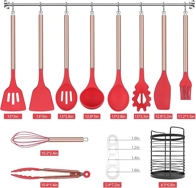 Red Kitchen Utensil Set with Holder, 22 Pcs Silicone Cooking Utensils Set for Nonstick Cookware, Heat Resistance Spatula Set, Stainless Steel Handle Kitchen Gadgets Utensils Set