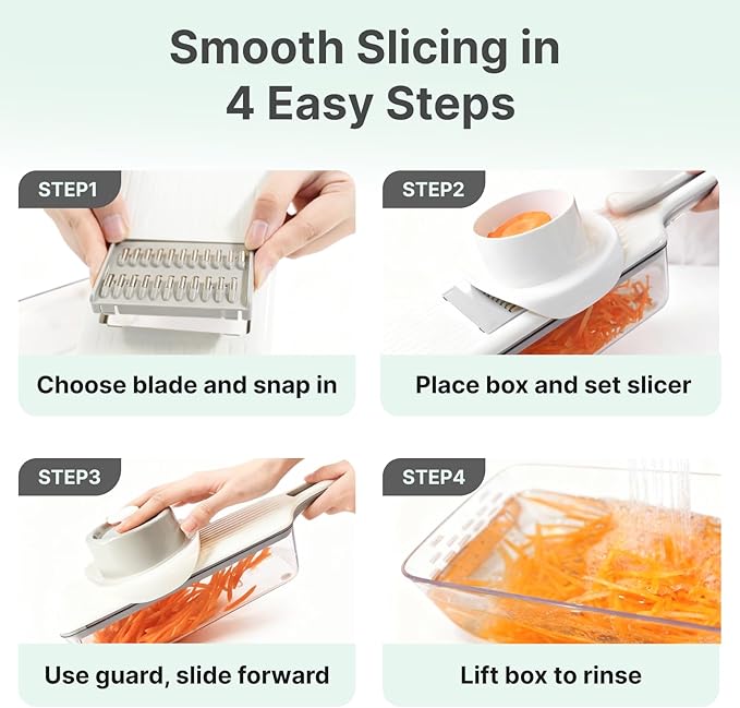 Mandoline Slicer for Kitchen with Drain Box, 6-in-1 Vegetable & Cucumber Slicer with Safety Guard, Extended Handle, Easy Clean Slice-Rinse-Store Design for Salad Prep & Daily Cooking