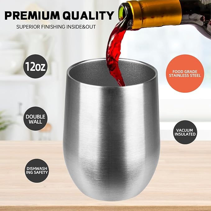 StarSpeed 12oz/12 Pack Wine Tumbler with lid, Stainless Steel Travel Mugs Stemless Double Wall Insulated Coffee Cup, Insulated Wine Glasses Travel Tumbler for Cold & Hot Drinks(Silver, 12)