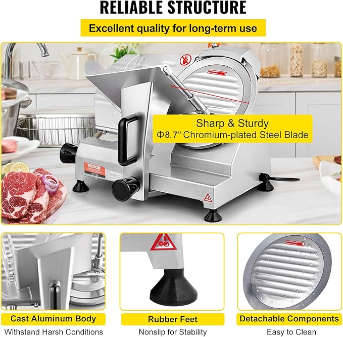VEVOR Commercial Meat Slicer, 200W Electric Deli Food Slicer, 0-12mm Adjustable Thickness Electric Meat Slicer, 350-400RPM Slicer with 8.7'' Chromium-plated Steel Blade for Home & Commercial Use