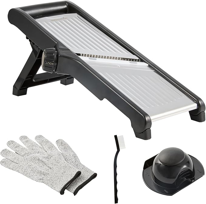 Restaurantware Stainless Steel Adjustable Mandoline Slicer - German Standard Vegetable Slicer with Blade Guard, Includes Cut-Resistant Gloves - Food Slicer for Potato, Onions, Cucumbers, Tomato