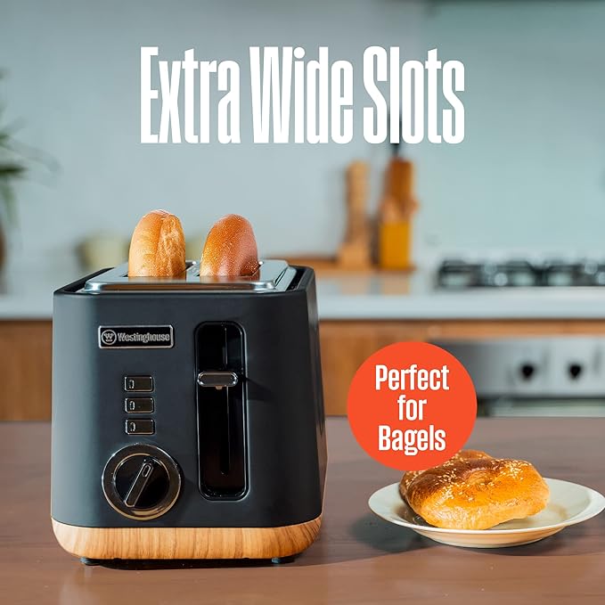 Westinghouse Scandinavian Design Toaster with Wide Slots, Removable Crumb Tray, 6 Browning Levels, and Cancel/Reheat/Defrost Options - for Bread, Bagels, & Waffles - Black with Wood Finish, 2-Slice