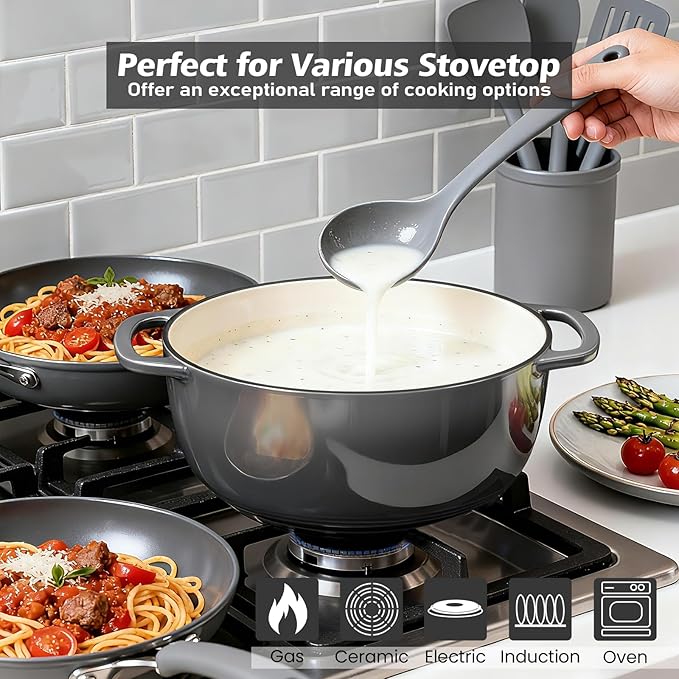 Enameled Cast Iron Dutch Oven - Umite Chef 6QT Pot with Lid & Cotton Potholders - Dual Handles -Versatile Heavy Duty Cookware for Bread Baking，Braising, Stews, Roasting（Grey）