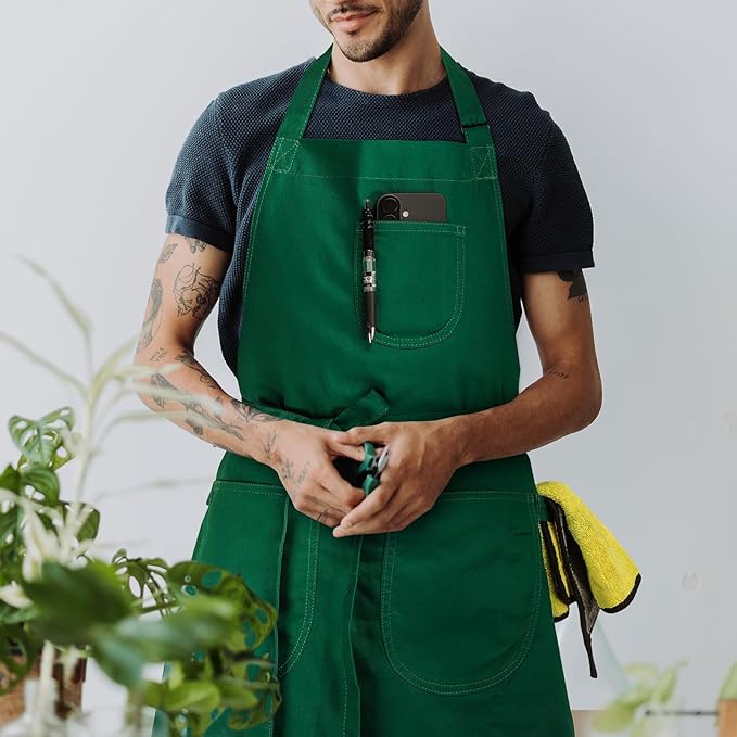 Unisex Apron with Pockets for Cooking, Salon & Art - 100% Cotton Adult Kitchen, Chef, Stylist Apron (Green)