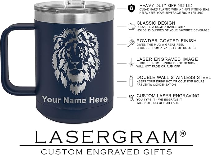 LaserGram 15oz Vacuum Insulated Coffee Mug, Tiki Statue, Personalized Engraving Included (Navy Blue)