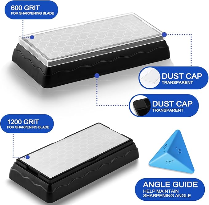 Double-sided Diamond Sharpening Stone,Knife Sharpening Stone with Extra Fine 1200/Coarse 600 Grit Diamond Plate, Storage Case with Non-Slip Base & Angle Guide(7 x 3.5 Inch)