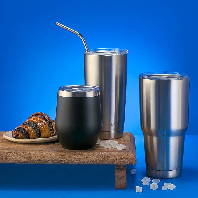 CHILLOUT LIFE 12 oz Stainless Steel Wine Tumblers 2 Pack - Double Wall Vacuum Insulated Wine Glasses Cups with Lids and Straws Set Keeping Cold & Hot for Coffee, Beer, Ice Cream - Powder Coated Black