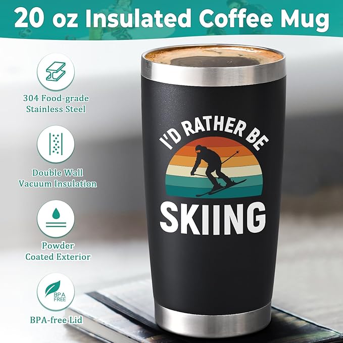 Lifecapido Ski Gifts, I'd Rather Be Skiing 20oz Insulated Tumbler, Christmas gift Skier Skiing Gifts for Skiers, Black