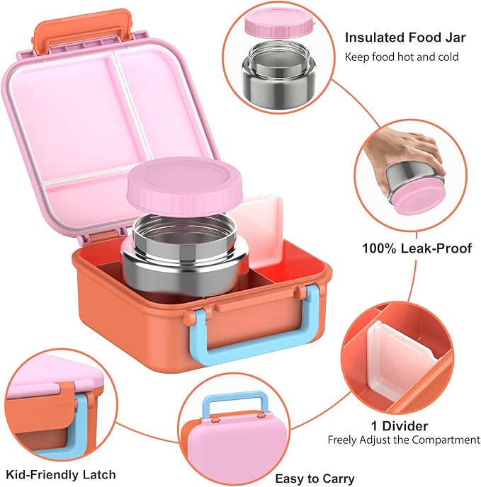 Bento Box for Kids with Soup Thermos(9oz)– Kid Bento Lunch Box with Leak Proof Insulated Food Jar, Hot & Cold Lunch Container Set for School Girls Boys, 4-Compartments, Pink/Orange