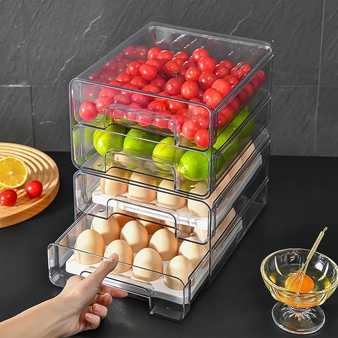 US Fridge Drawers with Lids Stackable Pull Out Fridge Storage Containers Double Layer Clear Plastic Refrigerator Organizer Bins with Drain Tray for Kitchen Refrigerator Cabinets
