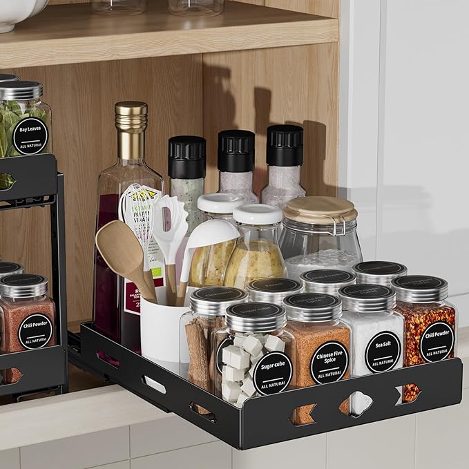 Pull Out Spice Rack, Heavy Duty Spice Rack Organizer, 1 Tier Spice Organization for Cabinet, Vertical Spice Rack for Kitchen, Cabinet, Pantry (8.4''Wx10.5''Dx2.8''H, Metal Black)