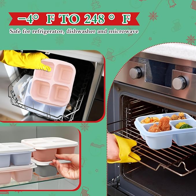 Honeydak 10 Pack Snack Container 4 Compartment Reusable Bento Snack Boxes Divided Lunchable Containers with Lids Meal Prep Lunch Food Storage Boxes for School Work Travel(Christmas Color)