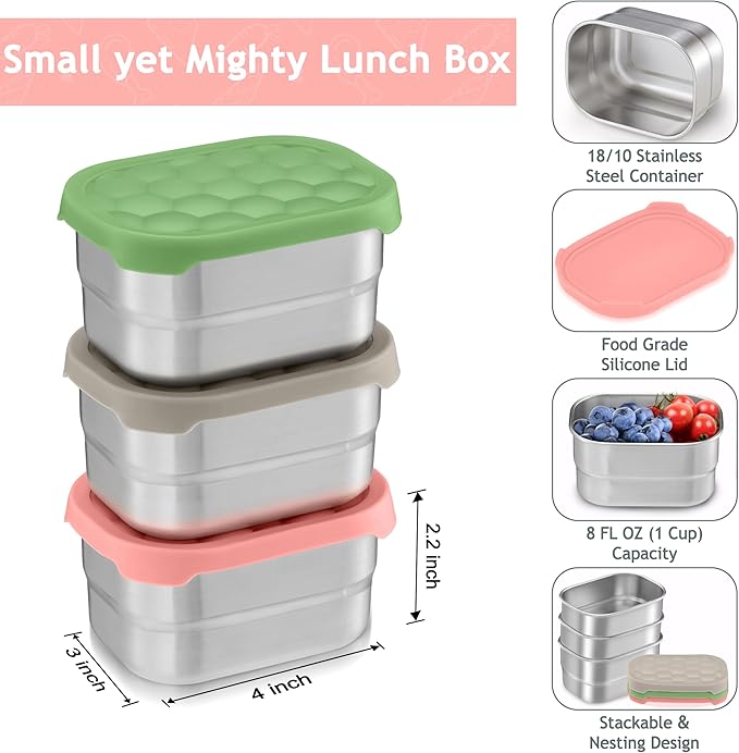 Homikit 3 Pack Snack Containers for Kids, 18/10 Stainless Steel Toddler Lunch Box with Silicone Lids, Reusable Bento Food Container Set for School Daycare, Nontoxic & Leak Proof, Pink/Green/Khaki