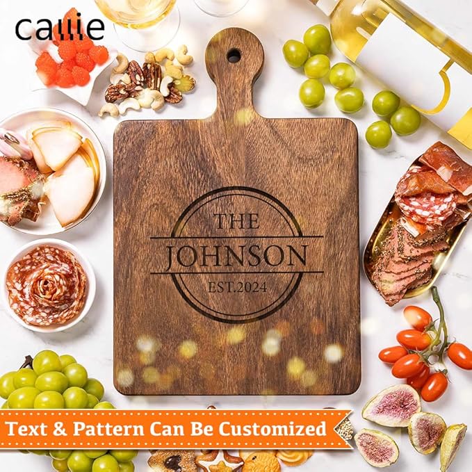 callie Personalized Cutting Board with Monogrammed Name, Wooden Kitchen Chopping Boards with Handle, Reversible Engraved Serving Tray, Housewarming Gifts for Family(S, M, L)