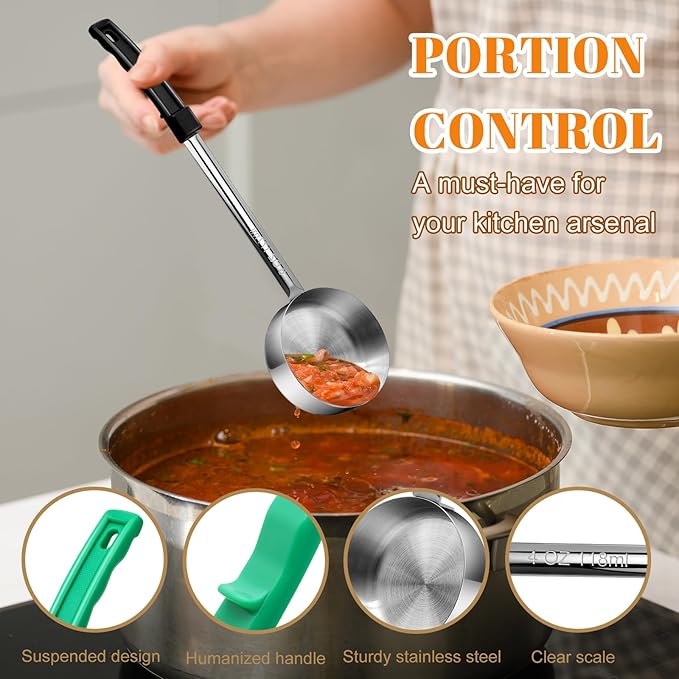 Stainless Steel Solid Portion Control Ladle Spoon - Pizza Sauce Serving Spoons Portion Ladle for Sauces, Perfect for Weight Watchers, Buffets, Parties，2 oz 4oz 6oz 8oz Color Handles Spoodle - Set of 4