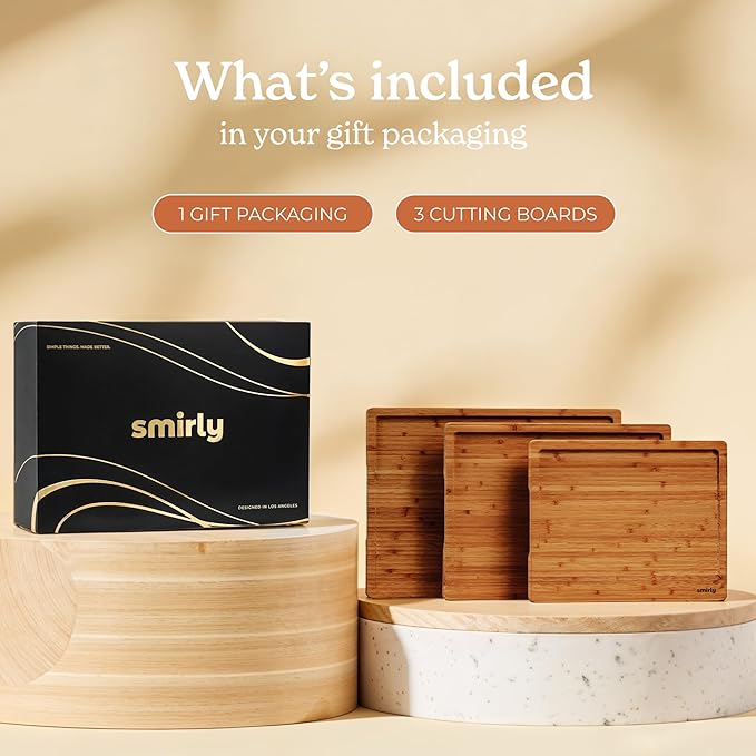 SMIRLY Bamboo Wooden Cutting Boards, Wood Cutting Board for Kitchen, Set of 3 with Deep Juice Grooves, Ideal for Chopping Meat Vegetables, Charcuterie Cheese Serving Tray, Kitchen Gadgets