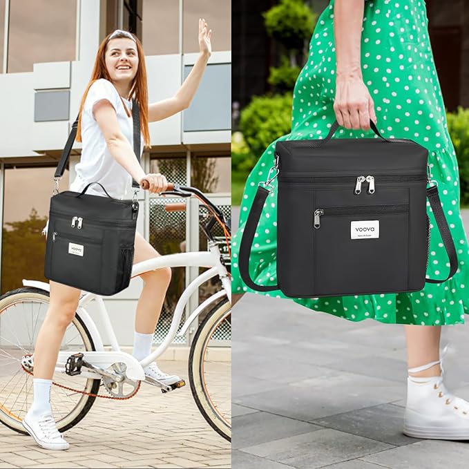 Voova Stackable Stainless Steel Thermal Lunch Box with Lunch Bag and Cultery Set for Adult Women Men, 3 Tier Leakproof & Microwave Safe Insulated Bento Boxes Food Container for Work, Black