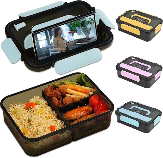 Bento Box Adult Lunch Box, Lunchable Containers with 3 Compartments, Meal Prep Food Container for Women, Lunch Box with Utensils, Snack/Salad/Sandwich Box, Microwave/Dishwasher Safe/BPA Free(Blue)