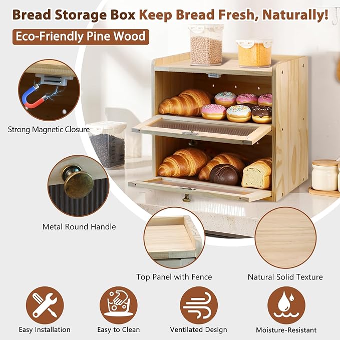Bread Box for Kitchen Countertop, 2 Layer Large Capacity Wooden Bread Storage Container with Clear Wavy Acrylic Window Breadbox Holder Keeper Farmhouse Food Organizer for Christmas Xmas Gift
