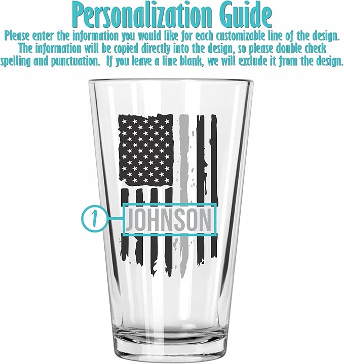 Blue Ridge Mountain Gifts - Thin Grey Line Pint Glass - Personalized Corrections Officer Glass, Thin Silver Line Gift, Security Personnel Gift, Prison Guard, Border Patrol Support