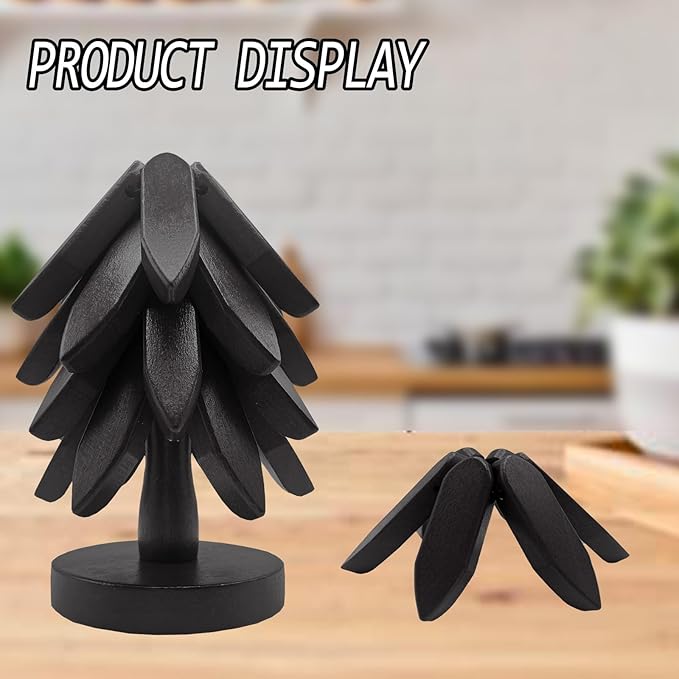 Wooden Trivets for Hot Dishes, Tree Shape Trivet Set, 4 Wooden Trivets + 1 Stand, Natural Foldable Kitchen Coasters, Stackable Christmas Tree Design, for Pans, Pot, Bowl, Teapot, Hot Pot Holder