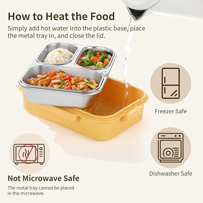 Stainless Steel Bento Box, 3-Compartment Lunch Container, 25 oz Leakproof Food Storage Container with Utensils for Work, Picnic, Yellow