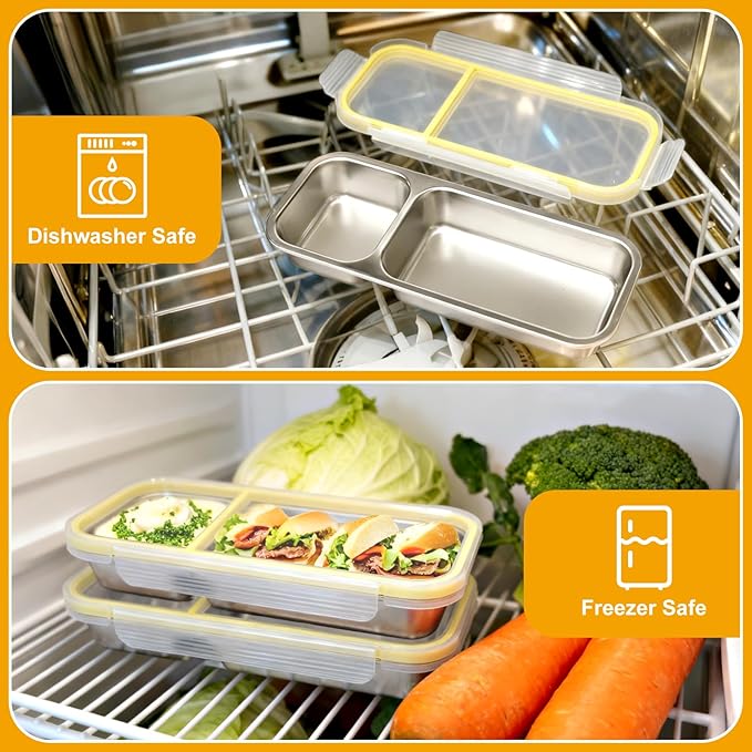 Stainless Steel Snack Containers, (3Pack) Leakproof 2 Compartment Snackle Box with Airtight Lids, Reusable Bento Box Food Storage Containers for Lunch Travel Picnics Office