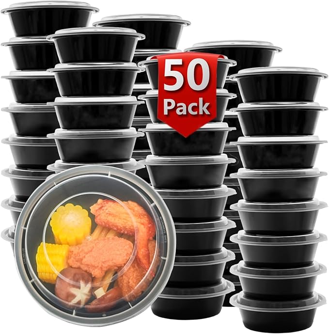 Meal Prep Containers Reusable 50 Pack-28 oz Food Storage Containers with Lids To Go Food Containers Takeout, Microwave Dishwasher Freezer Safe, Stackable, BPA Free, Plastic(Black)