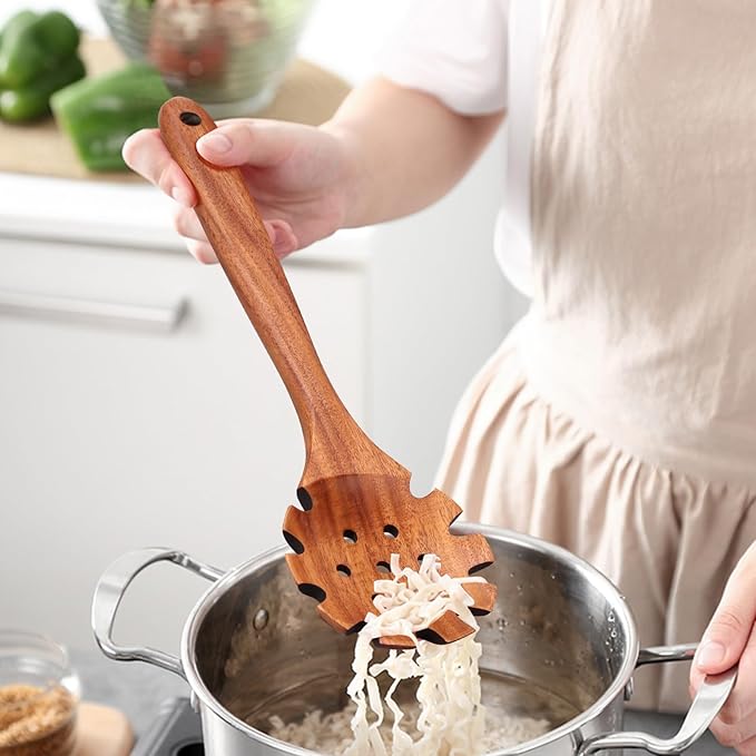 5 Pcs Best Wooden Spoons for Cooking Kitchen Utensil Set Teak Wood Spatula Slotted Spatulas for Nonstick Cookware Pasta Spoon Salad Fork & Spoons Non Toxic Wooden Utensils BPA Free