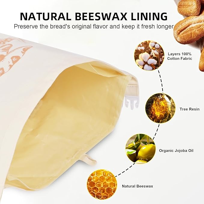 2 Pack Beeswax Bread Bags with Replaceable Liners,Reusable Bread Bags for Homemade Bread, XL Eco-Friendly Food Storage Bags for Extended Food Freshness,13X17 inch