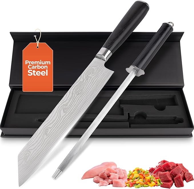 Gidli 8-Inch Chef Knife with Diamond Sharpener – Sharp Kitchen Knife Made of German Carbon Stainless Steel with Ergonomic Wooden Handle for Slicing, Chopping&Dicing of Meat, Seafood -Gift Box Included